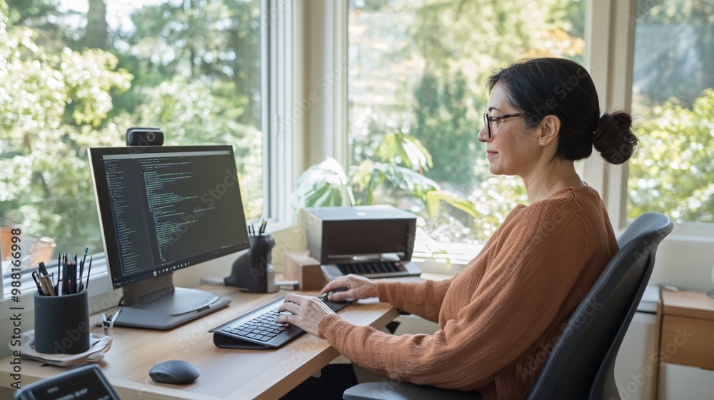 Productive and Comfortable: Woman Working from Stylish Home Office with Ergonomic Setup and Natural Light Productive and Comfortable: Woman Working from Stylish Home Office with Ergonomic Setup and Natural Light
