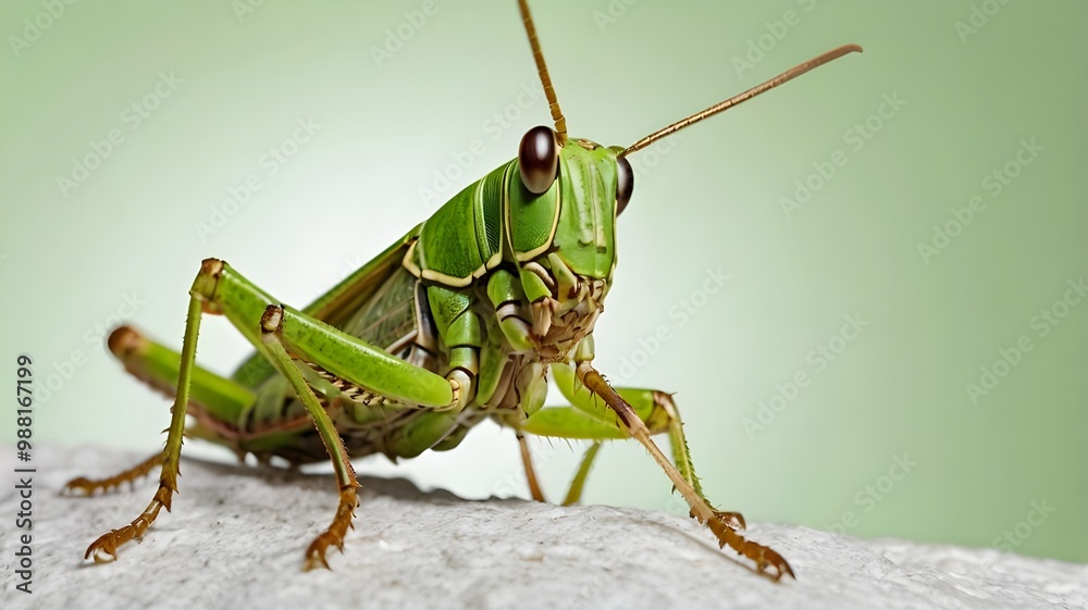 Grasshopper isolated on white background with detailed close-up of its green body and long antennae Grasshopper isolated on white background with detailed close-up of its green body and long antennae