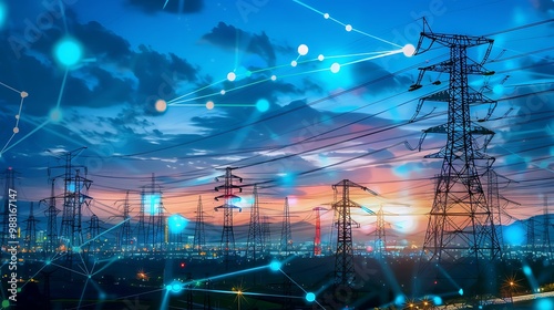 Silhouettes of power lines against a sunset sky, with a network of glowing lines representing energy distribution.