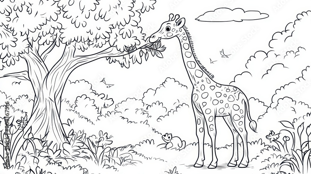 Naklejka premium A Giraffe Reaching for Leaves in a Lush Forest