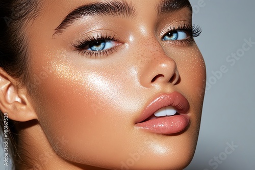 A model with glowing highlighter on her cheekbones, accentuating her bone structure with a soft shimmer photo