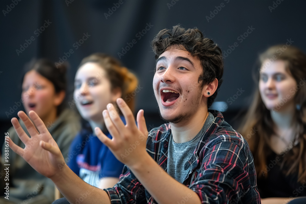 Obraz premium Engaged participants in drama workshop express excitement and joy while performing. Their animated expressions reflect creativity and collaboration in vibrant learning environment