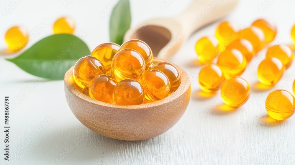 Lutein extract capsules for eye health in wooden bowl Close-up of lutein extract capsules in a wooden bowl, highlighting their benefits for eye health and vision improvement Lutein extract capsules for eye health in wooden bowl Close-up of lutein extract capsules in a wooden bowl, highlighting their benefits for eye health and vision improvement