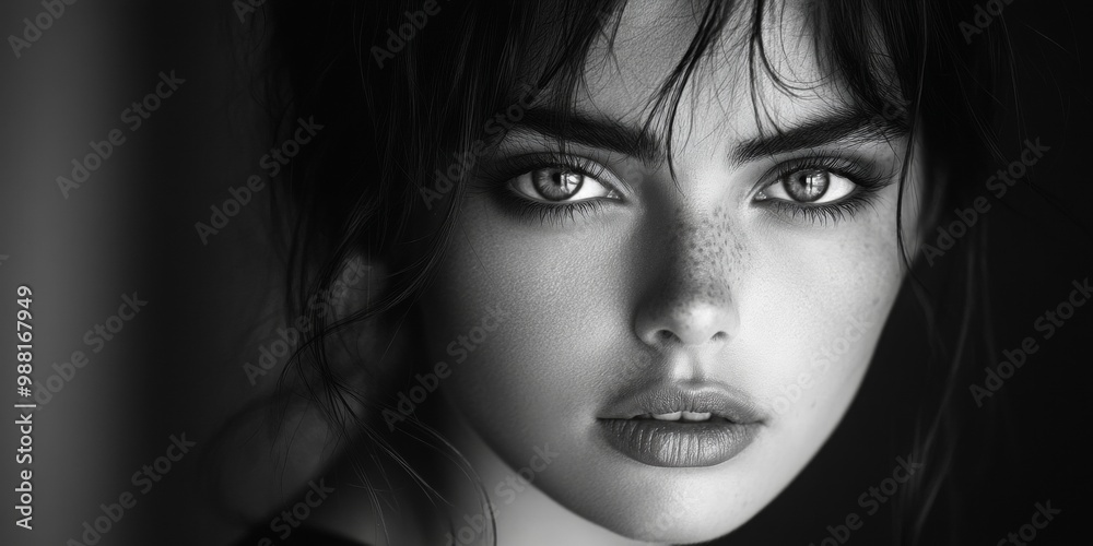 Fototapeta premium Elegant monochrome portrait, soft illumination, subtly blurred background, timeless aesthetic, classic tonal contrasts, evocative expression