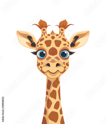 A charming cartoon giraffe face with big blue eyes and long eyelashes, smiling warmly. Perfect for children’s illustrations, jungle-themed projects, and fun animal designs
