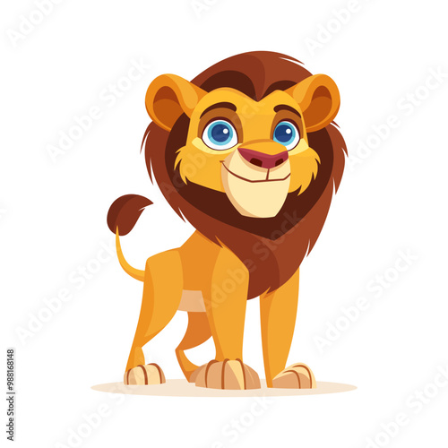 A playful cartoon lion standing with a big mane and large blue eyes. The friendly expression and bright colors make it perfect for children’s content, jungle projects, or fun animal-themed designs. photo