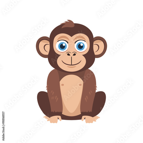 A cute cartoon monkey sitting down with big blue eyes and a wide smile. This playful and friendly design is ideal for children’s books, animal-themed content, and jungle illustrations.