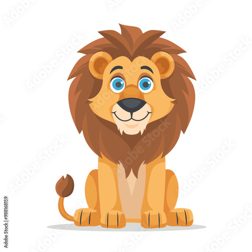 A cute cartoon lion with a big mane and bright blue eyes, sitting with a friendly smile. This adorable lion illustration is perfect for children's content, jungle-themed projects, and playful designs. photo