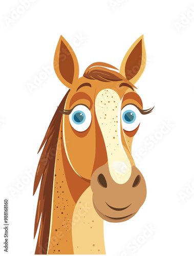 A charming cartoon horse illustration focusing on the head, featuring big blue eyes and a friendly smile. The adorable design is ideal for children’s content, farm-related projects