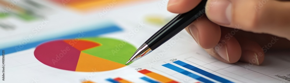 Fototapeta premium Close Up of a Hand Pointing at a Pie Chart on a Financial Report