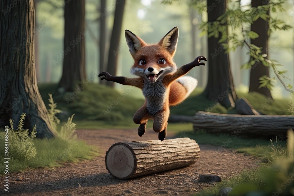 Energetic 3D Character Render of a Spirited Fox Jumping Over a Log in a Natural Woodland Setting Energetic 3D Character Render of a Spirited Fox Jumping Over a Log in a Natural Woodland Setting