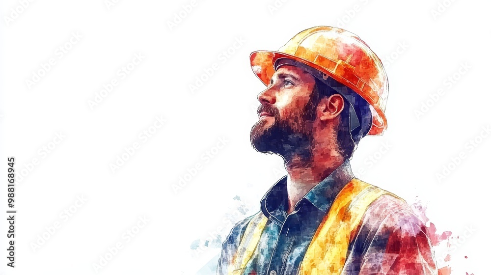Fototapeta premium Construction Worker Watercolor Portrait Safety Gear Hard Hat Construction Industrial Building Engineer Architect Professional Workwear Const
