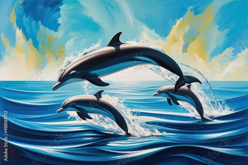 Abstract Marine Artwork of Graceful Dolphins in Vibrant Blue Ocean Background photo