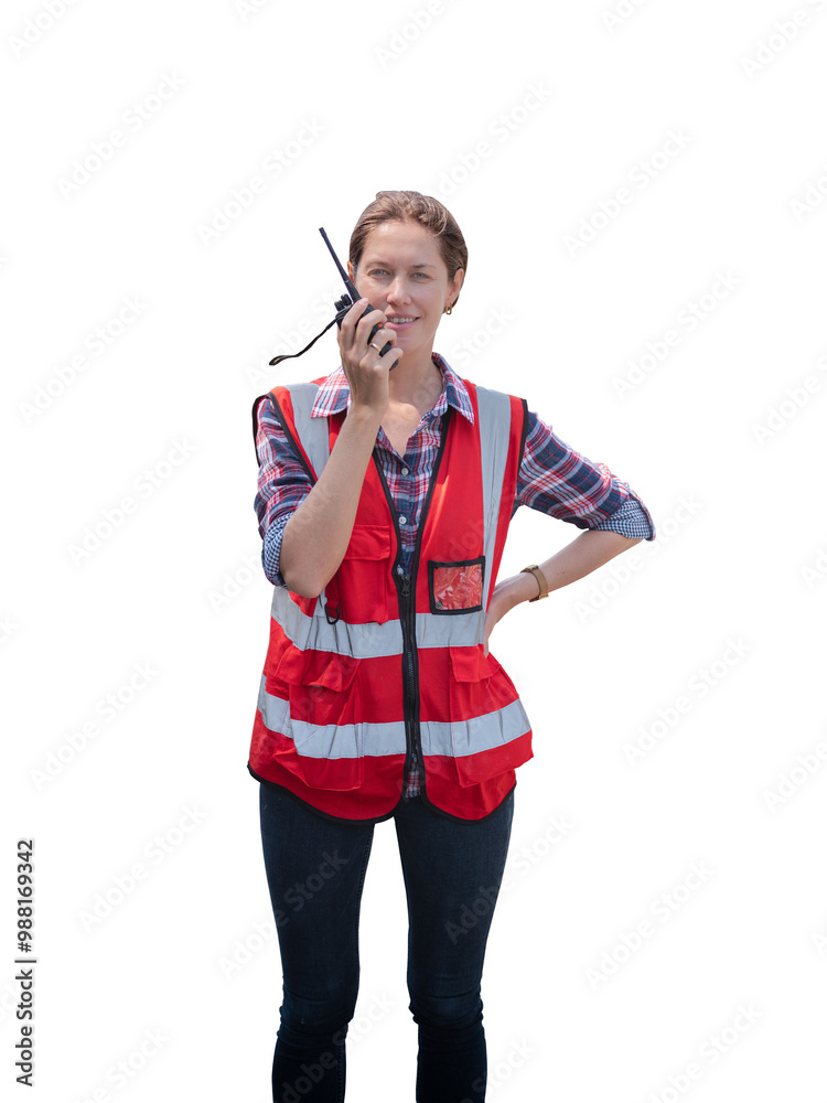 Woman engineer with red vest walkie-talkie working on transparent background