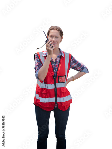 Obraz na płótnie Woman engineer with red vest walkie-talkie working on transparent background w salonie