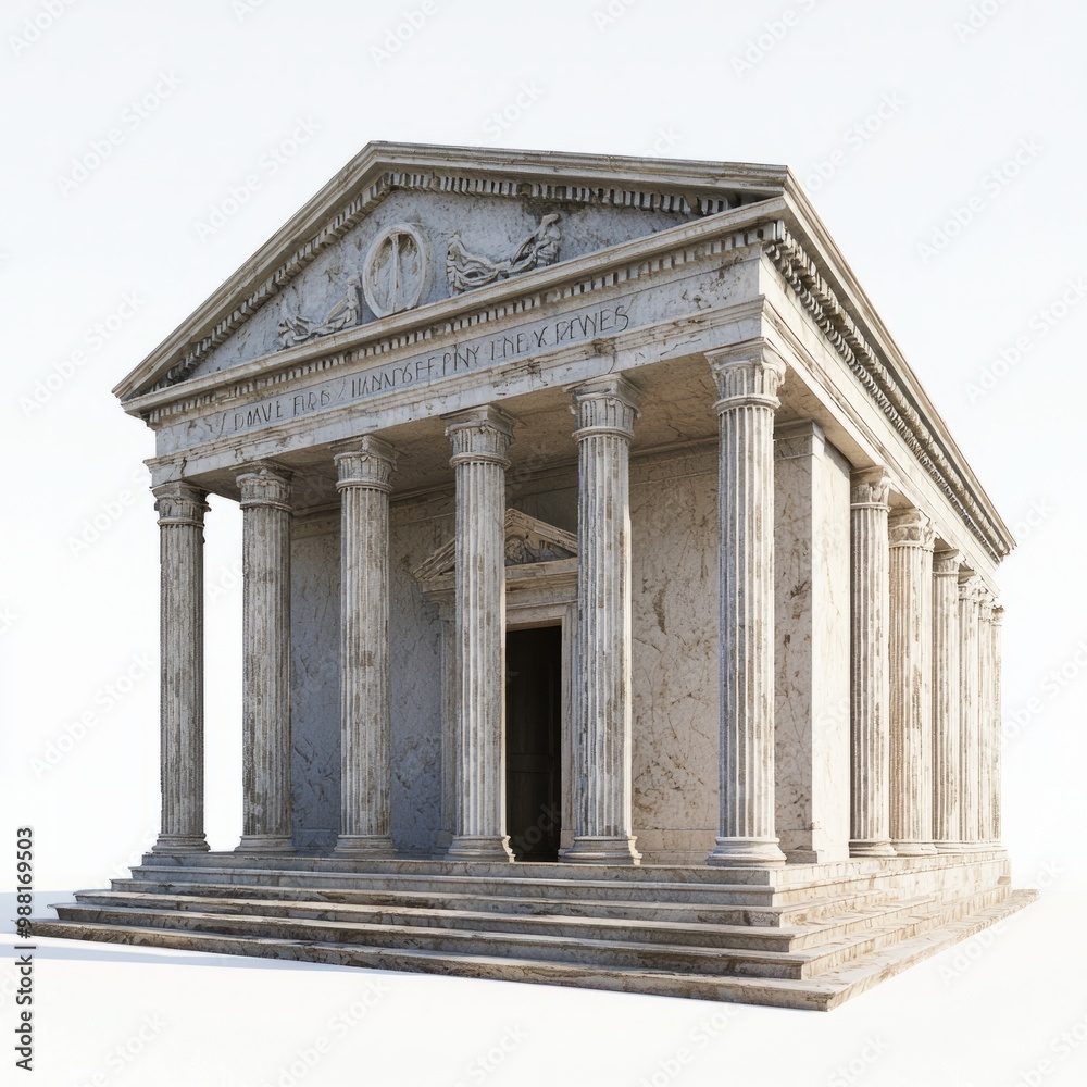 3D Render of a Roman temple with a triangular pediment and detailed frieze, on isolated white background 3D Render of a Roman temple with a triangular pediment and detailed frieze, on isolated white background