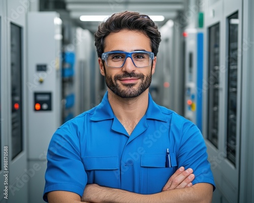 Smiling technician in blue uniform, server room.