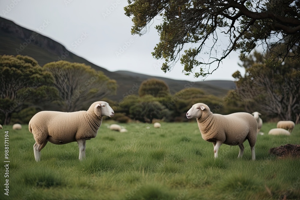 Harmonious Coexistence of Sheep in Nature's Embrace: A Unique Portrayal of Tranquil Naturalism Harmonious Coexistence of Sheep in Nature's Embrace: A Unique Portrayal of Tranquil Naturalism
