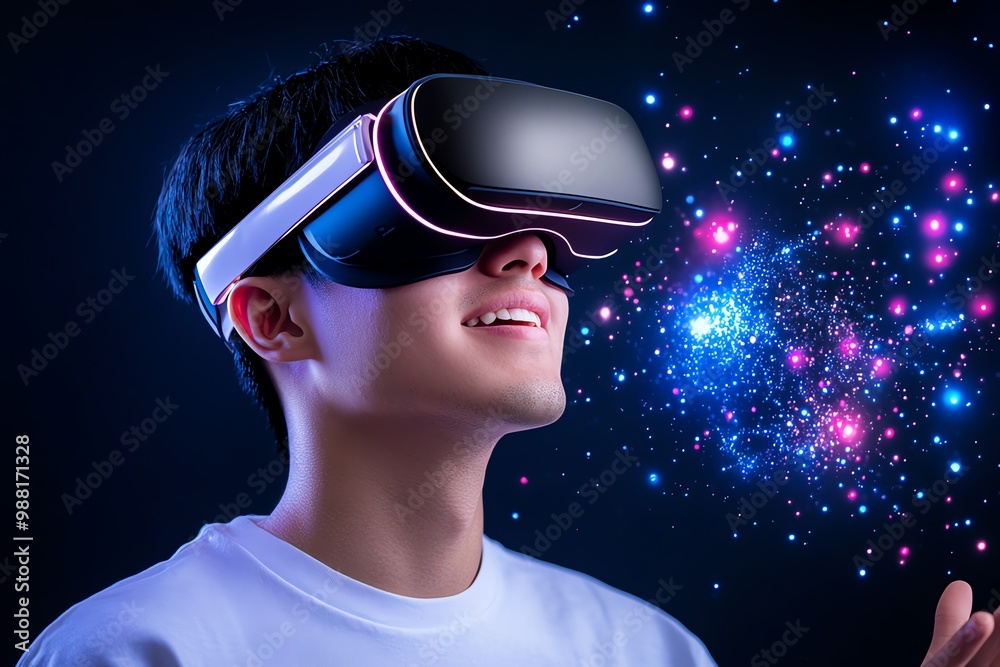 A person using virtual reality (VR) goggles, fully immersed in a digital environment A person using virtual reality (VR) goggles, fully immersed in a digital environment