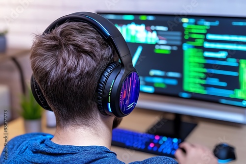 A person wearing noise-canceling headphones, immersed in technology while working or enjoying media photo