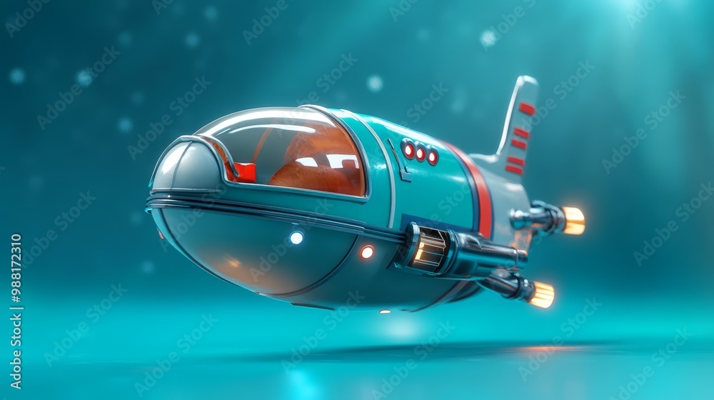 Futuristic Spaceship Flying Over Teal Background Futuristic Spaceship Flying Over Teal Background