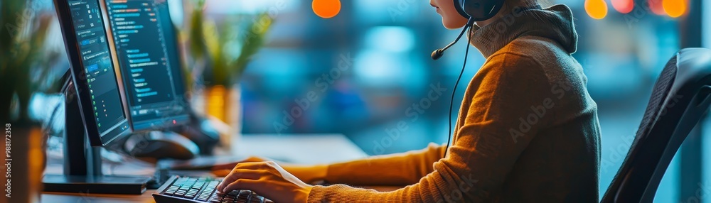 Programmer Working on Code with Headphones in Office Programmer Working on Code with Headphones in Office
