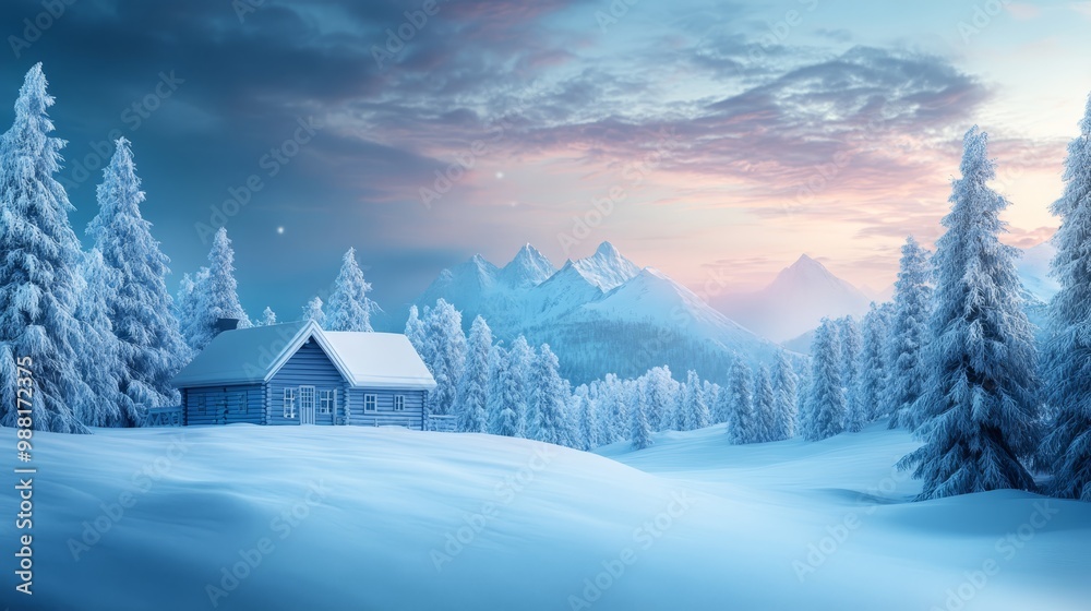 Winter Cabin in Snowy Mountains at Sunset Winter Cabin in Snowy Mountains at Sunset