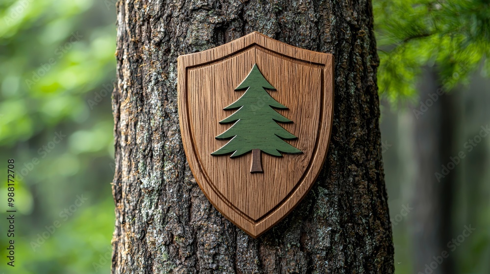 Fototapeta premium Wooden Shield Sign with Tree Design on Pine Tree Trunk
