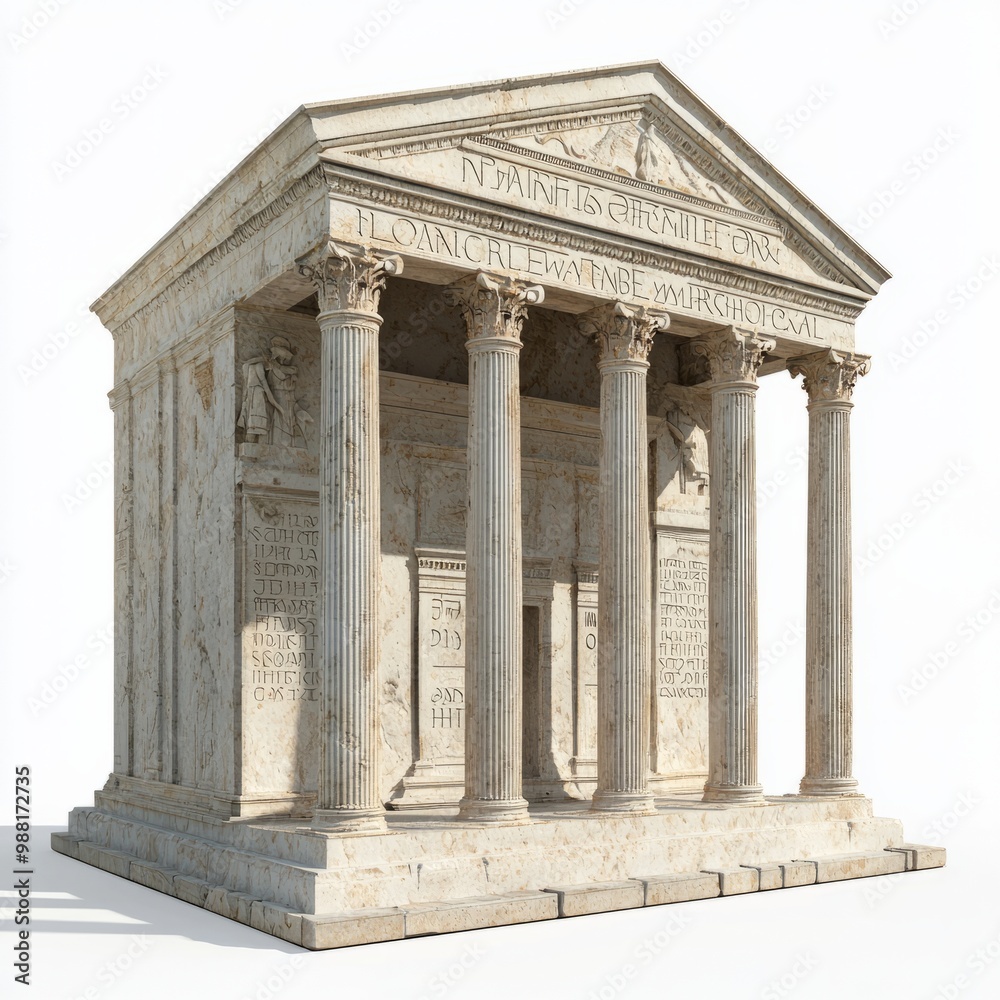 3D Render of a Roman temple with historical inscriptions on the walls, on isolated white background 3D Render of a Roman temple with historical inscriptions on the walls, on isolated white background