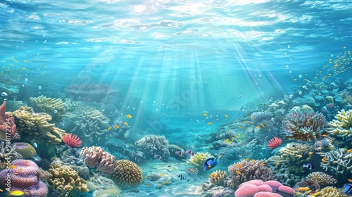 Fototapeta Naklejka Na Ścianę i Meble -  Illustration of marine life thriving around coral formations in a tropical reef ecosystem