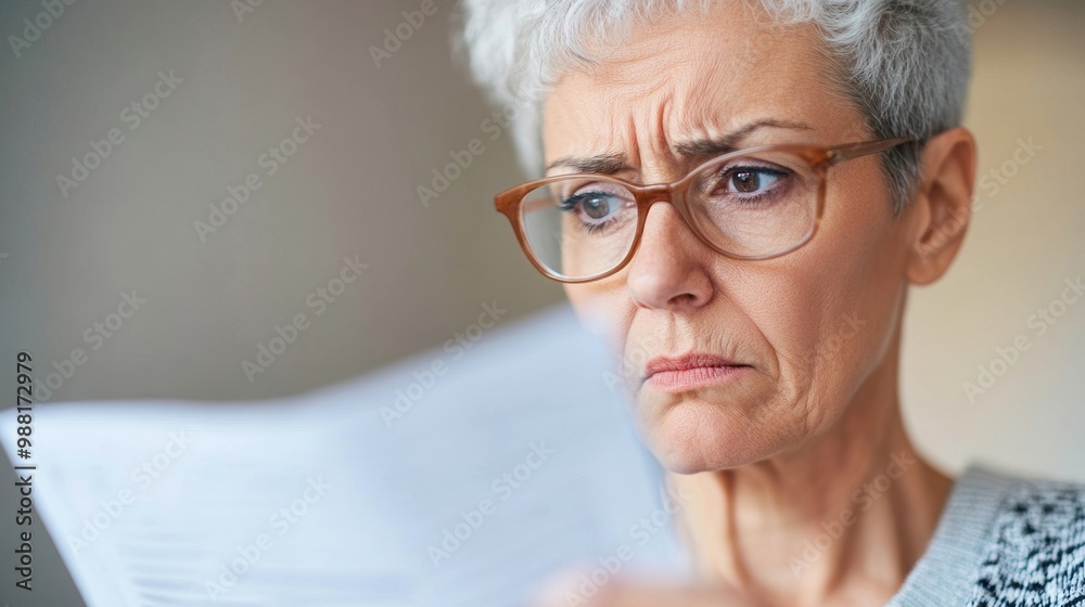 A senior woman appears worried while reading important documents alone in her home