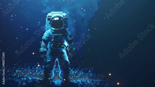 Astronaut in glowing spacesuit with reflective helmet dark blue background AI generated image