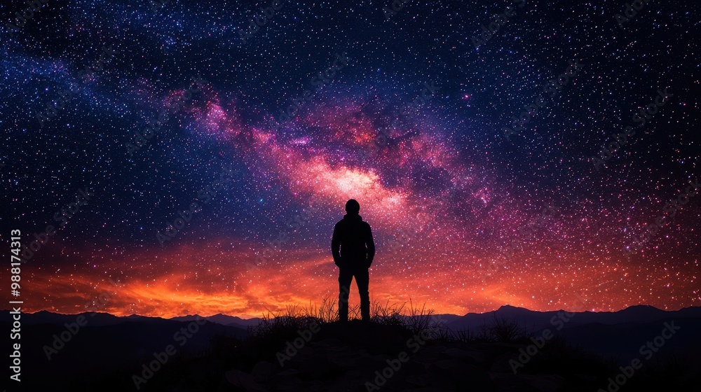 Fototapeta premium Silhouette of Man Gazing at Milky Way Galaxy over Mountain Range at Night