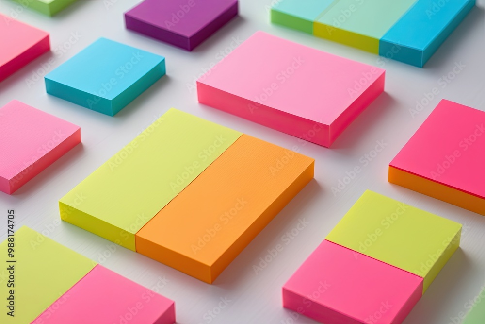 Obraz premium Colorful Rectangular Sticky Notes Displayed on a Crisp White Background