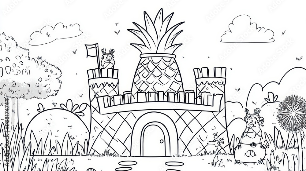 Pineapple Castle: A whimsical illustration of a pineapple-shaped castle in a cartoonish style Pineapple Castle: A whimsical illustration of a pineapple-shaped castle in a cartoonish style