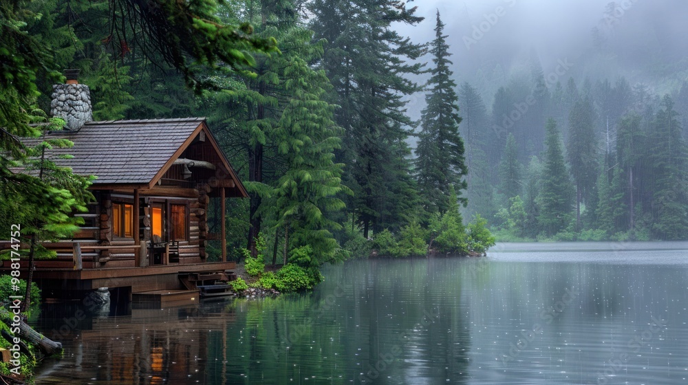 Fototapeta premium Cabin by the Lake in the Rain