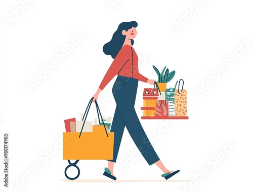 Flat cartoon of a woman buying items, faceless, white background.