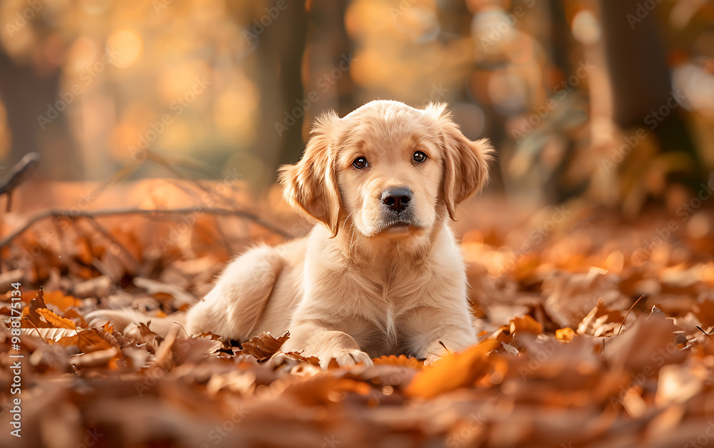 Portrait of a Golden Retriever puppy in nature. The setting is autumn Portrait of a Golden Retriever puppy in nature. The setting is autumn