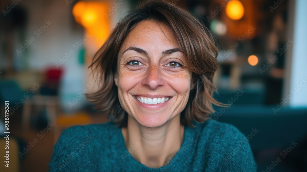 A woman with a genuine smile enjoys her drink in a welcoming coffee shop, surrounded by a warm and cozy atmosphere A woman with a genuine smile enjoys her drink in a welcoming coffee shop, surrounded by a warm and cozy atmosphere