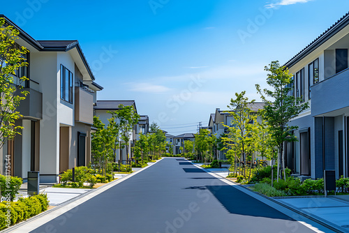 Scenic view of a modern residential area in Japan, featuring luxury houses and greenery, with a clear blue sky