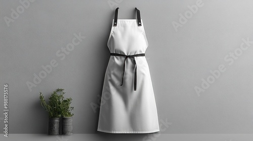 A simple white apron hanging against a gray wall with plants.