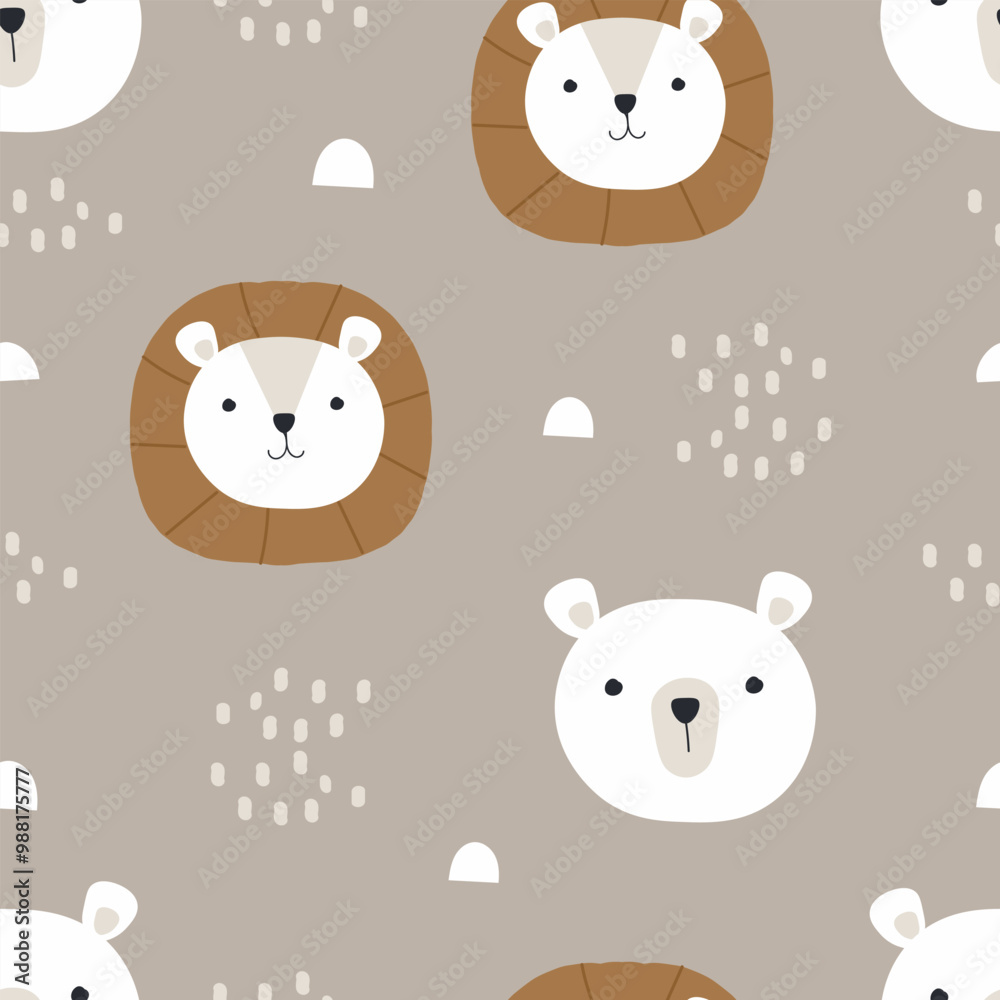 Cute Animals Seamless Vector Pattern with Polar Bear and Lion. Childish Cartoon Animals Background. design for fabric, wrapping, textile, wallpaper, apparel and more Cute Animals Seamless Vector Pattern with Polar Bear and Lion. Childish Cartoon Animals Background. design for fabric, wrapping, textile, wallpaper, apparel and more