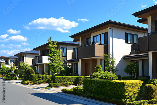 A row of modern, two-story houses with well-maintained front gardens and hedges