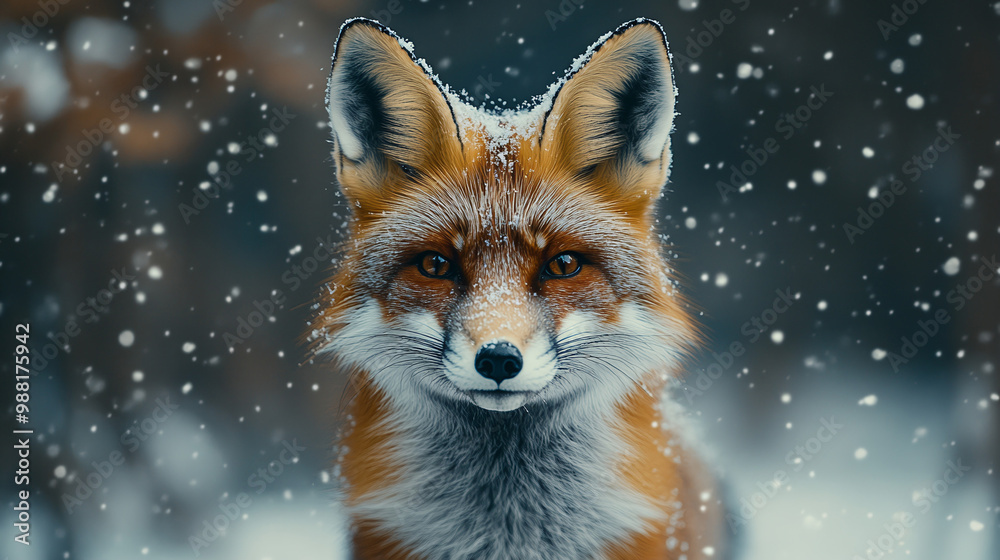 Obraz premium Red fox in snowfall, dark backdrop. Perfect for winterthemed designs, wildlife illustrations, Christmas cards, or naturerelated projects. Generative AI