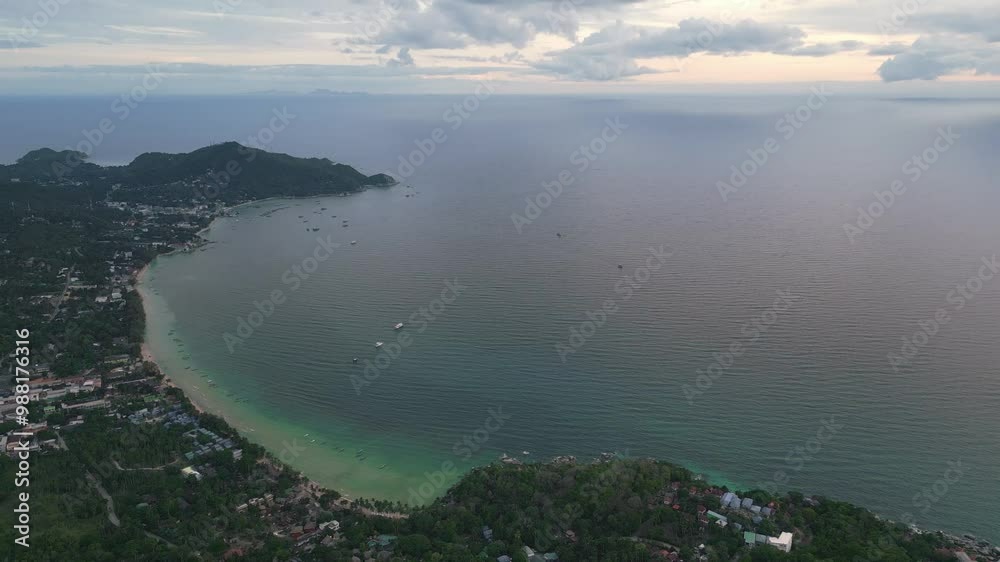 drone sunset view of Koh Tao Thailand aerial view Sairee beach, aerial high angle