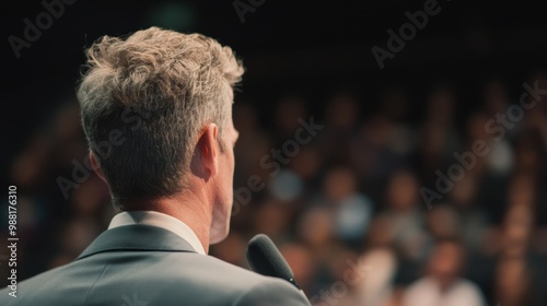 A speaker engages the attentive audience at a conference held in a spacious hall, discussing key topics