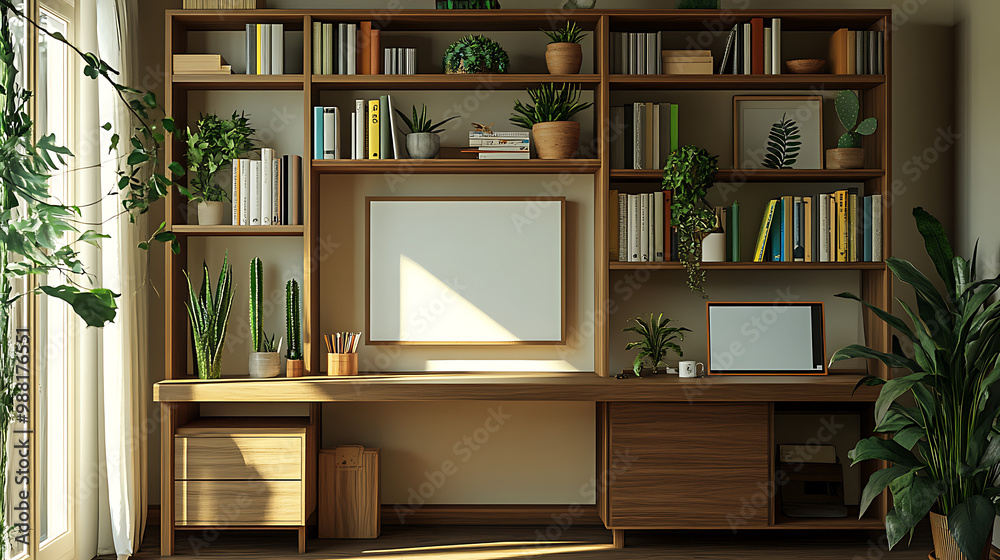 a modern brazilian home office with a wooden desk, bookcase filled with brazilian plants, a white blank photo frame on the shelf a modern brazilian home office with a wooden desk, bookcase filled with brazilian plants, a white blank photo frame on the shelf