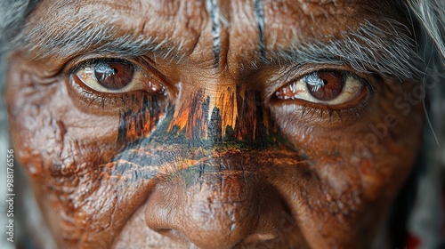 Close up of an Indigenous Person s Face with Tribal Tattoo Art Forest and Nature Theme