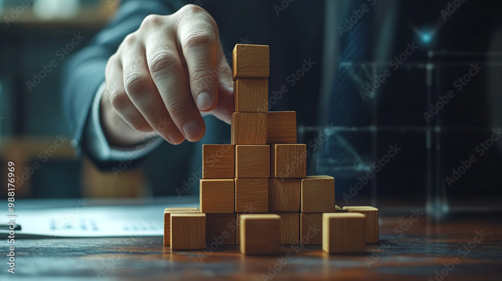 Person carefully constructing tower from wooden blocks on desk, representing growth, creativity, and strategy in business development and planning. Suitable for business, education, and concept design Person carefully constructing tower from wooden blocks on desk, representing growth, creativity, and strategy in business development and planning. Suitable for business, education, and concept design
