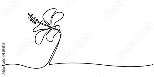 Hibiscus Flower Continuous Line Drawing with Editable Stroke, One continuous line drawing of hibiscus flower. Floral abstract symbol in simple linear style. Organic red herbal tea concept in editable